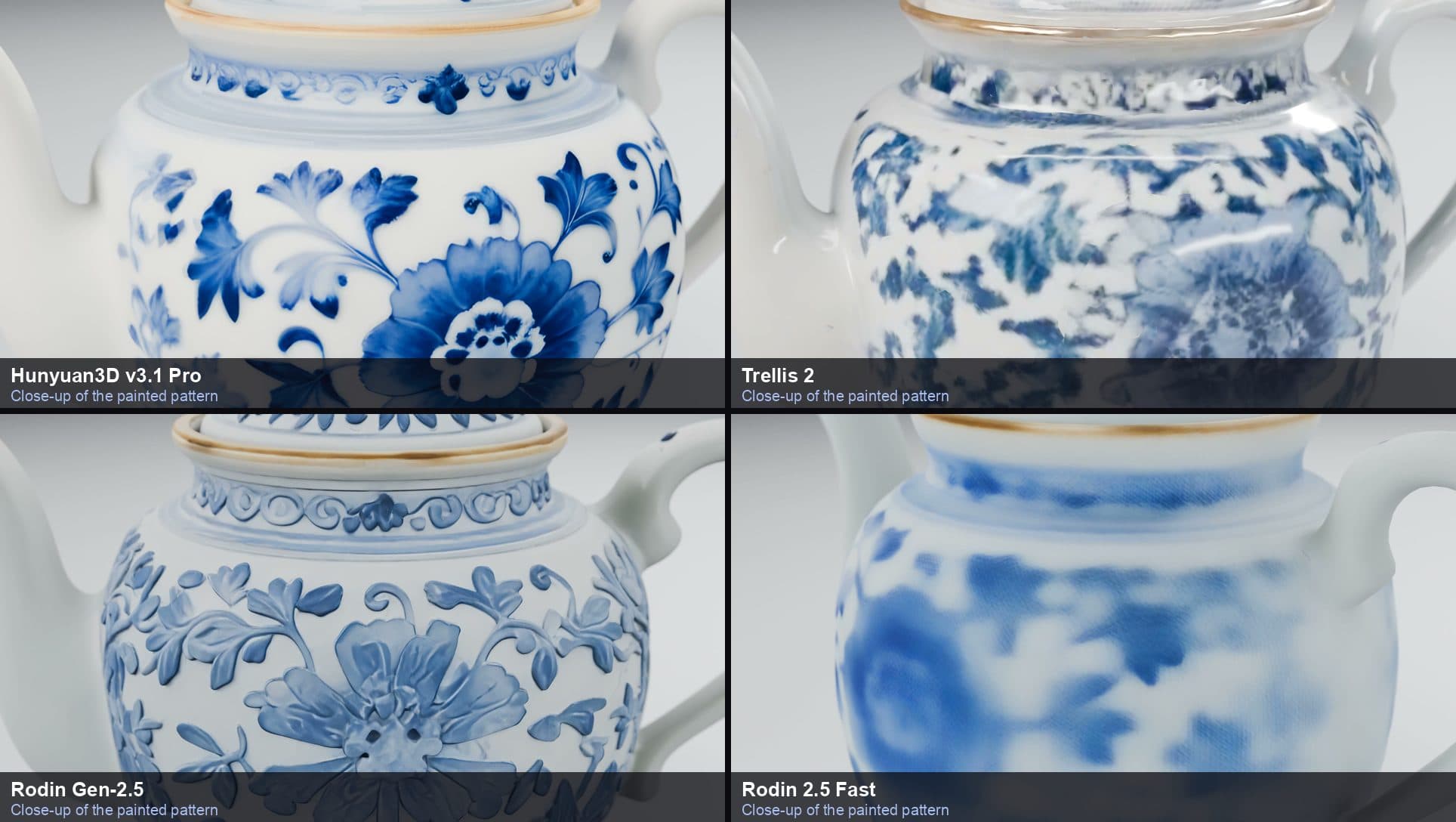 Close-ups of the teapot pattern generated by Hunyuan3D v3.1 Pro, Trellis 2, Rodin Gen-2.5 and Rodin 2.5 Fast